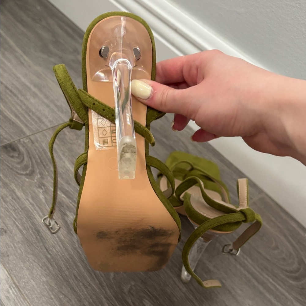 Fashion Nova Olive Green Strappy Heels | Square Toe Clear Heel Sandals - Picture 8 of 8